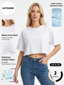 Katch Me Chic Women's Versatile Solid Color Short Sleeve Crop Top, Athleisure Round Neck Moisture-Wicking Cotton T-Shirt, Summer Lightweight Skin-Friendly Cropped Daily Outfit