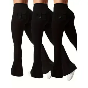3pcs Of Black, Gray And Green Fashionable Workwear Style Bell Bottoms, Women&#   39;s Casual Bell Bottoms, High Waist Pocket Sportswear, Work Style Peach Hip Pants, Sports Quick-drying Tummy Control Butt Lifting Trousers Flare LeggingsGift
