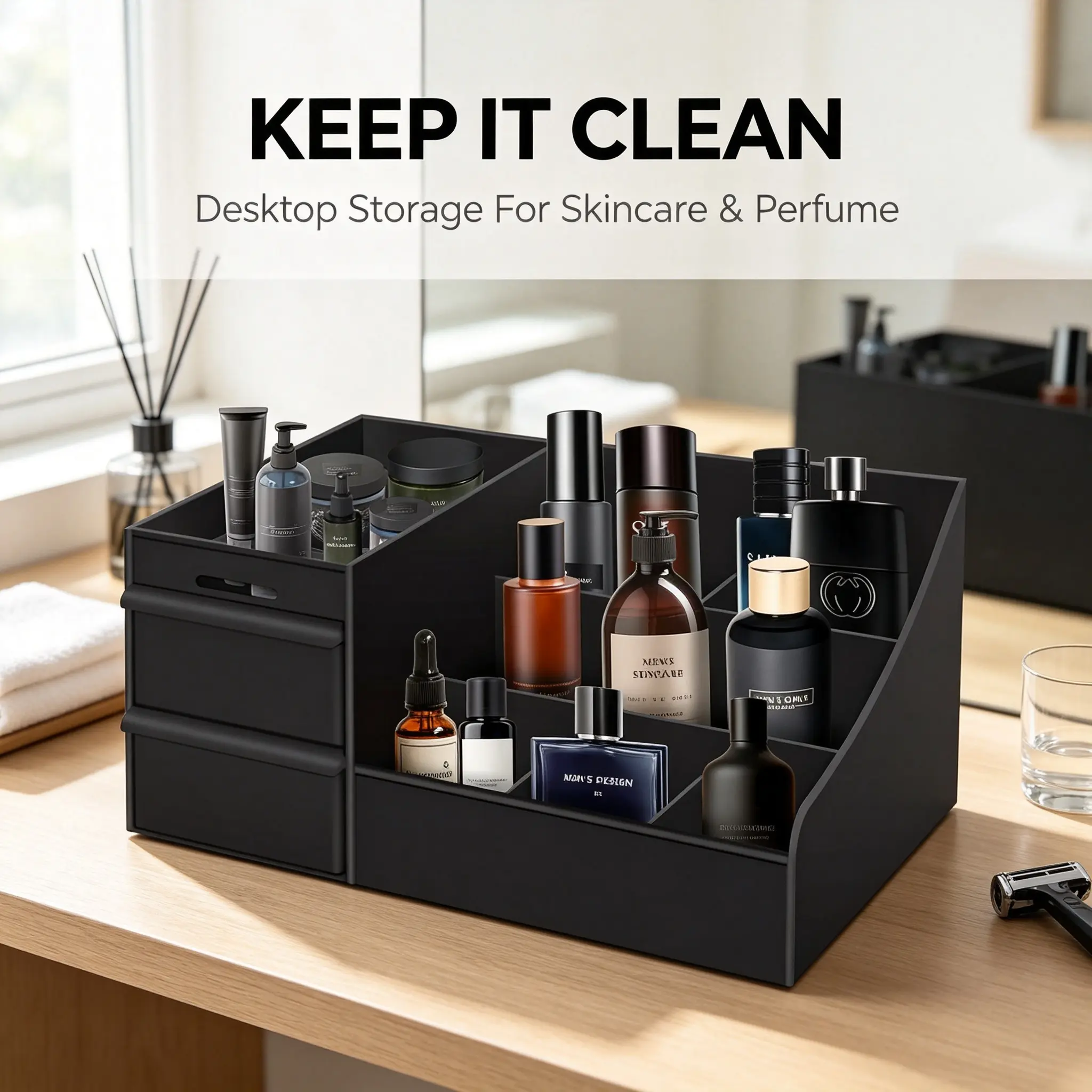 Men's cologne perfume storage box, skincare matte organizer, durable black plastic double-drawer storage box, with drainage holes, suitable for bathroom countertop storage, suitable for storing personal care products on the desktop makeup table