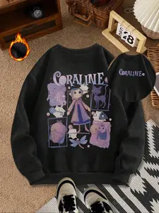 "Coraline" "Coraline" spooky animated movie pattern letter graphic print, casual retro Fitted long-sleeved pullover, round neck casual sports women's pullover sweatshirt, autumn and winter plus velvet women's clothing
