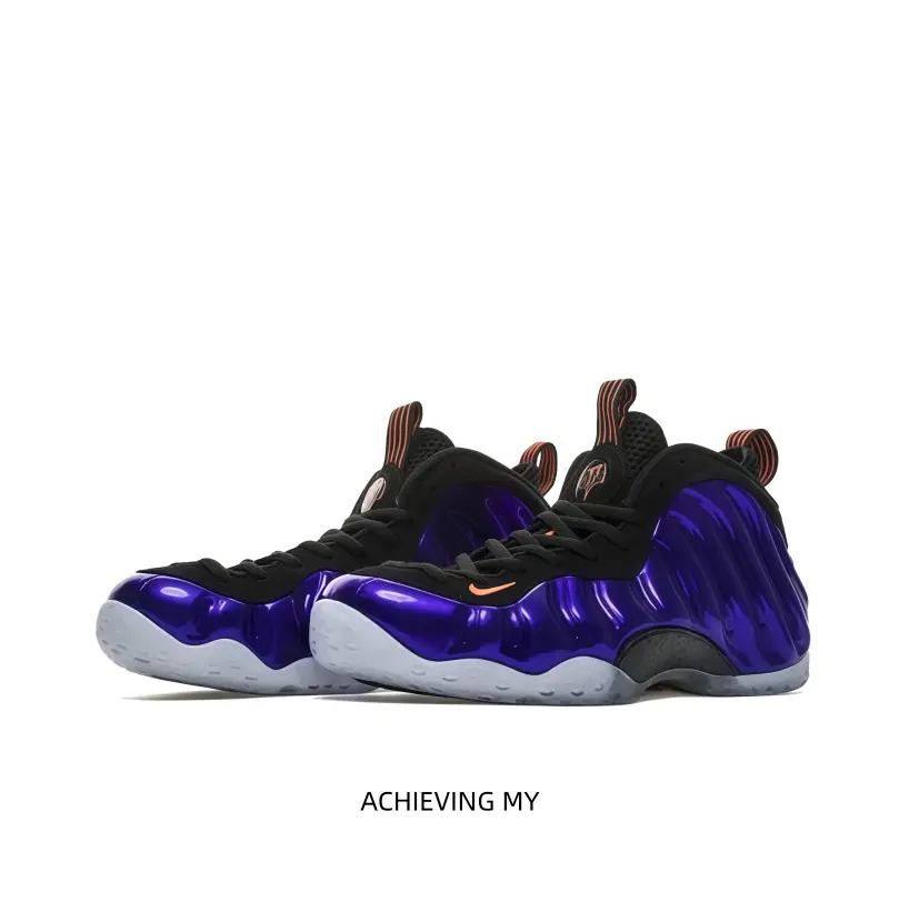Metallic mirror purple foamposite mid top basketball sneakers glossy reflective purple molded shell black laces copper orange pull tabs icy pale grey outsole luxury unisex street trainers