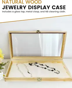 Novel Box Jewelry Display Case Wood 14.75x8.25x2.1 Large Glass Lid Rock Collection Box with Metal Clasp Gem Showcase