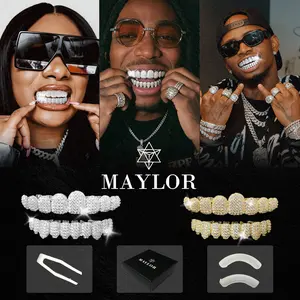 MAYLOR Hip Hop Iced Out Diamond Grillz, Micro Paved Zircon Teeth Grillz for Men Women, Full Coverage Mouth Jewelry, Non-Custom Fit Rapper Grillz for Party Cosplay Costume