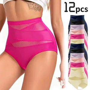 High Waist Shapewear Panties 12 Pack - Tummy Control & Butt Lift Power Net Postpartum Comfortable Breathable Skin Friendly Autumn Winter Women Slimming Body Shaping Basic Christmas Gifts Piece Hip Fabric Lightweight Soft Compression Day Womenswear