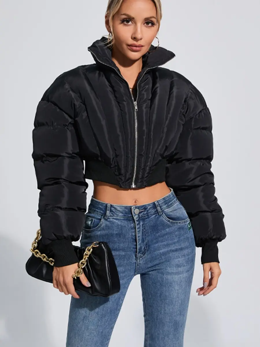 Women's Fitted Cotton-Lapel Zipper Jacket, Plain Black/Khaki/Pink Tops for Fall-Winter, Polyester-Spandex Fabric