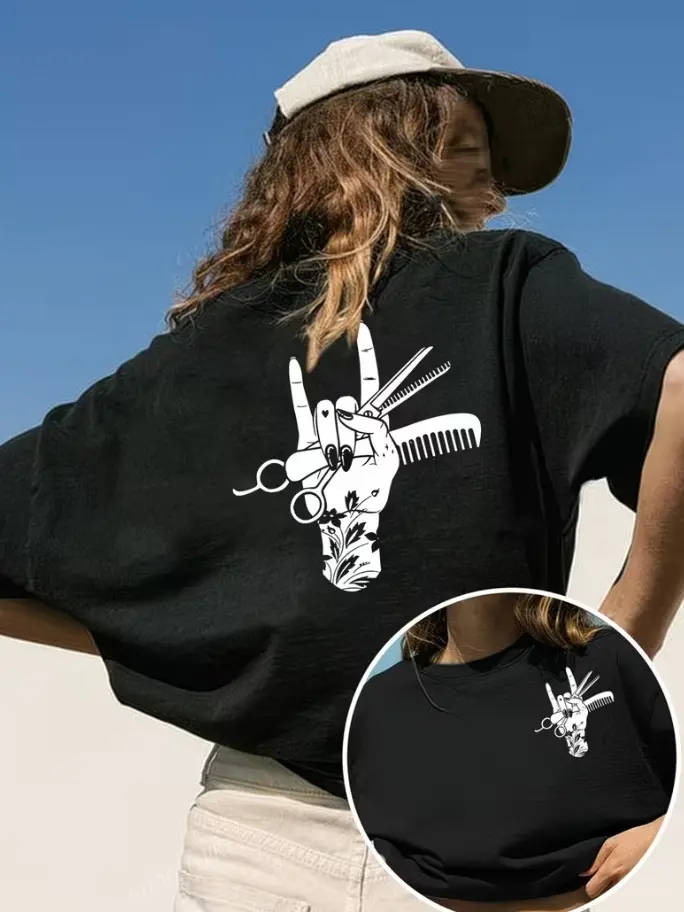 Double Sided Rock Hand Hair Stylist Scissors Comb Floral Tattoo Print Women's Black Oversized Casual Short Sleeve Hairstylist Barber Gift T-Shirt