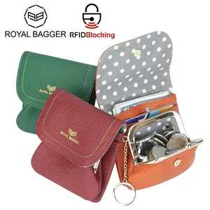 Royal Bagger Keychain Coin Purse for Women RFID Simple Credit Card Holder with Kiss Lock Genuine Leather Casual Storage Bag 2622