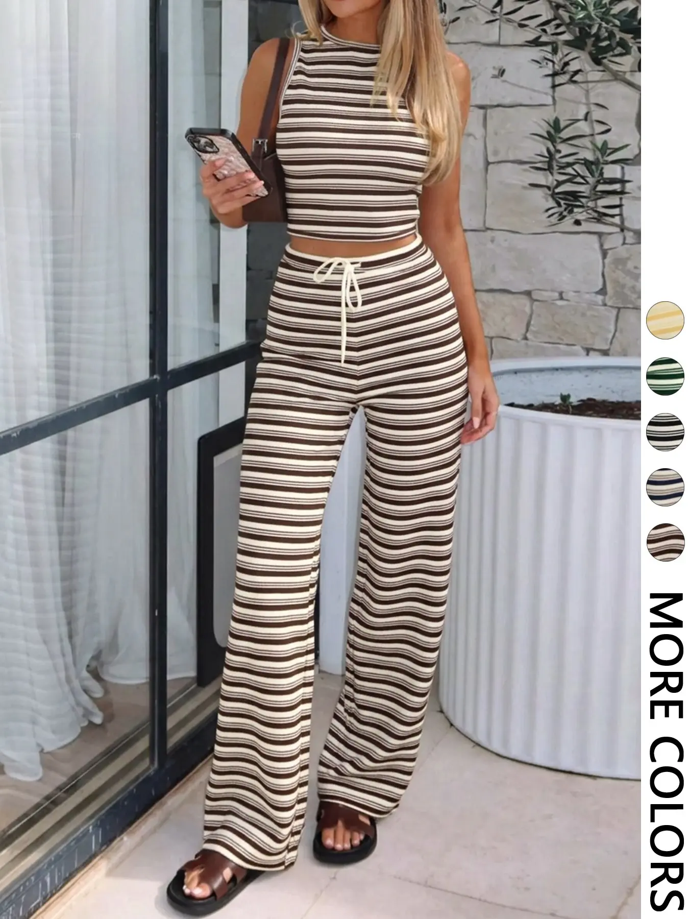 Women's Striped Knit Co-ord Set, Fashion Clothing Set, Summer Lounge Sets, Crew Neck Sleeveless Fitted Crop Tank Top & Elastic Drawstring Waist Wide Leg Pants, Soft Ribbed Knit Fabric, Multiple Colors, Casual Daily, Vacation & Loungewear, 2-Piece Style