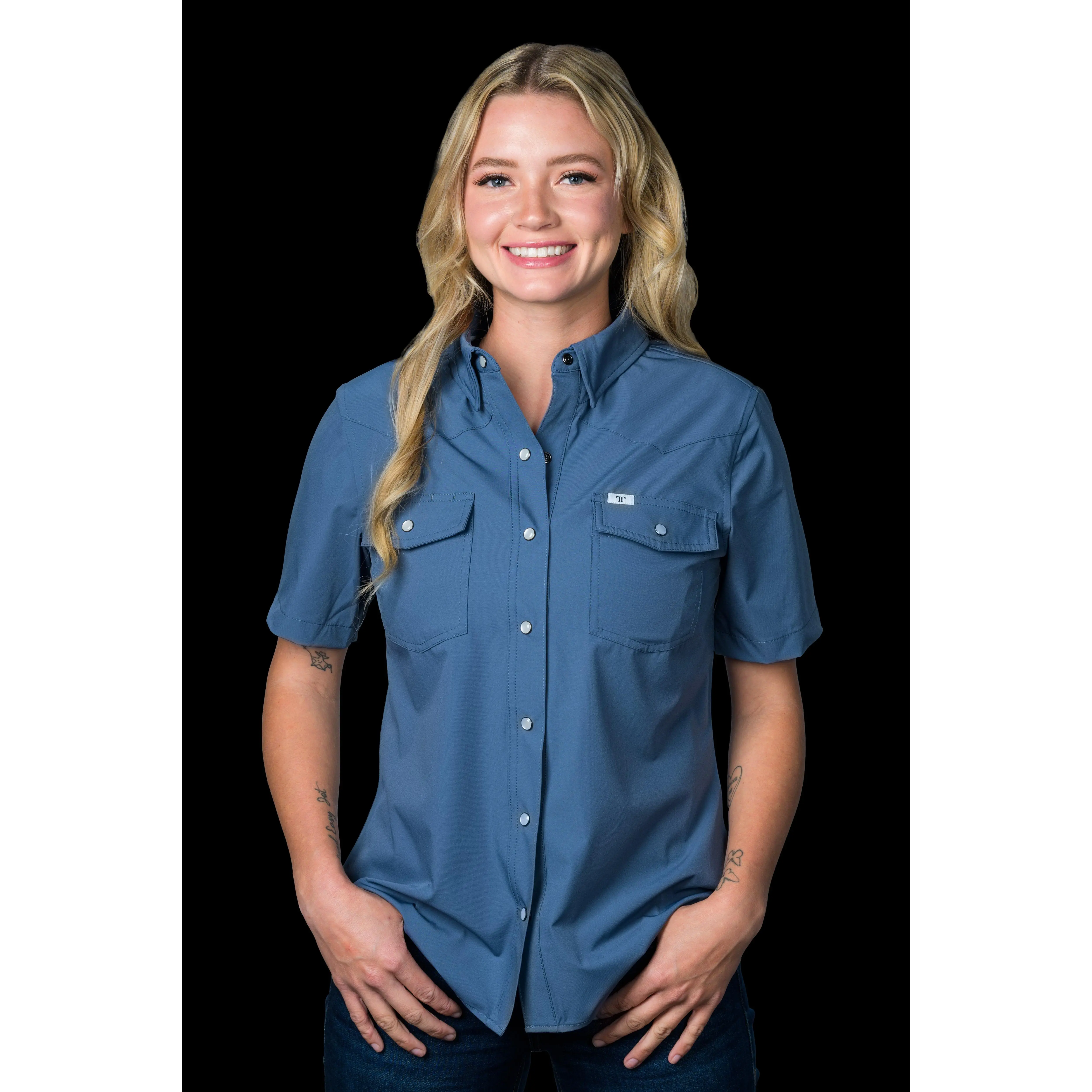 Women's Original Fabric Lightweight Short-Sleeve Pearl Snap Blue Blouse - CORE