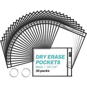 30 Packs   Dry Erase Pocket Sleeves with 2 Rings, Black 10x14 Ticket Holders, Clear Plastic Sheet Protectors, Teacher School Classroom Supplies