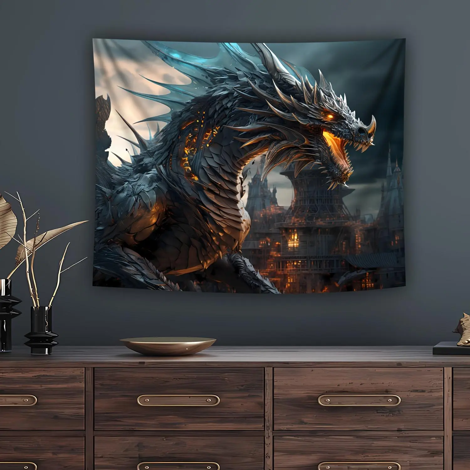 A Large Gothic Dark Dragon Tapestry, Perfect for Home Decor As a Backdrop, Suitable for Living Rooms And Dorms, No Installation Required