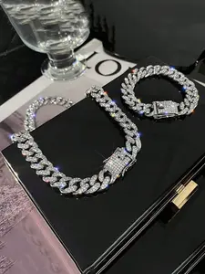 2 Piece Set Rhinestone Cuban Necklace Bracelet Set, Unique Men's Hip Hop Street Party Jewelry, Trendy Accessories for Men