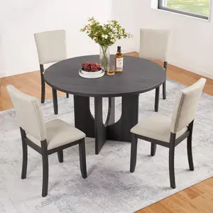 47.3" Round Dining Set with 4  Upholstered Dining Chairs, Modern Round Dining Table Set for 4, 5-Piece Round Dining Table Set for Living Room, Kitchen, Antique Black & Beige
