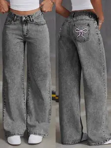 Women's Butterfly Embroidery Denim Jeans, Sweet Spicy High Waist Straight Leg Loose Casual Long Pants, Fashionable & Comfortable