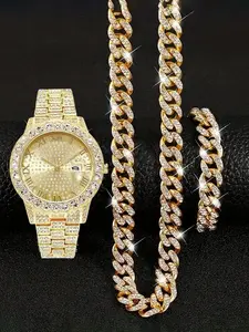 3pcs - Men's Quartz Watch with Calendar and Hip Hop Cuban Necklace Bracelet Set