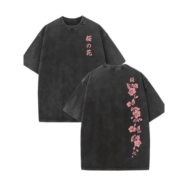 Japanese Cherry Blossom Double-Sided Cherry Blossom Pattern Print  graphic apparel. Short Sleeve Washed T-Shirt 230g Cotton Double-Sided Washed Fashionable Retro funny High y2k,Vintage,Streetwear Christmas gift,Thanksgiving gift,graphic tees spooky