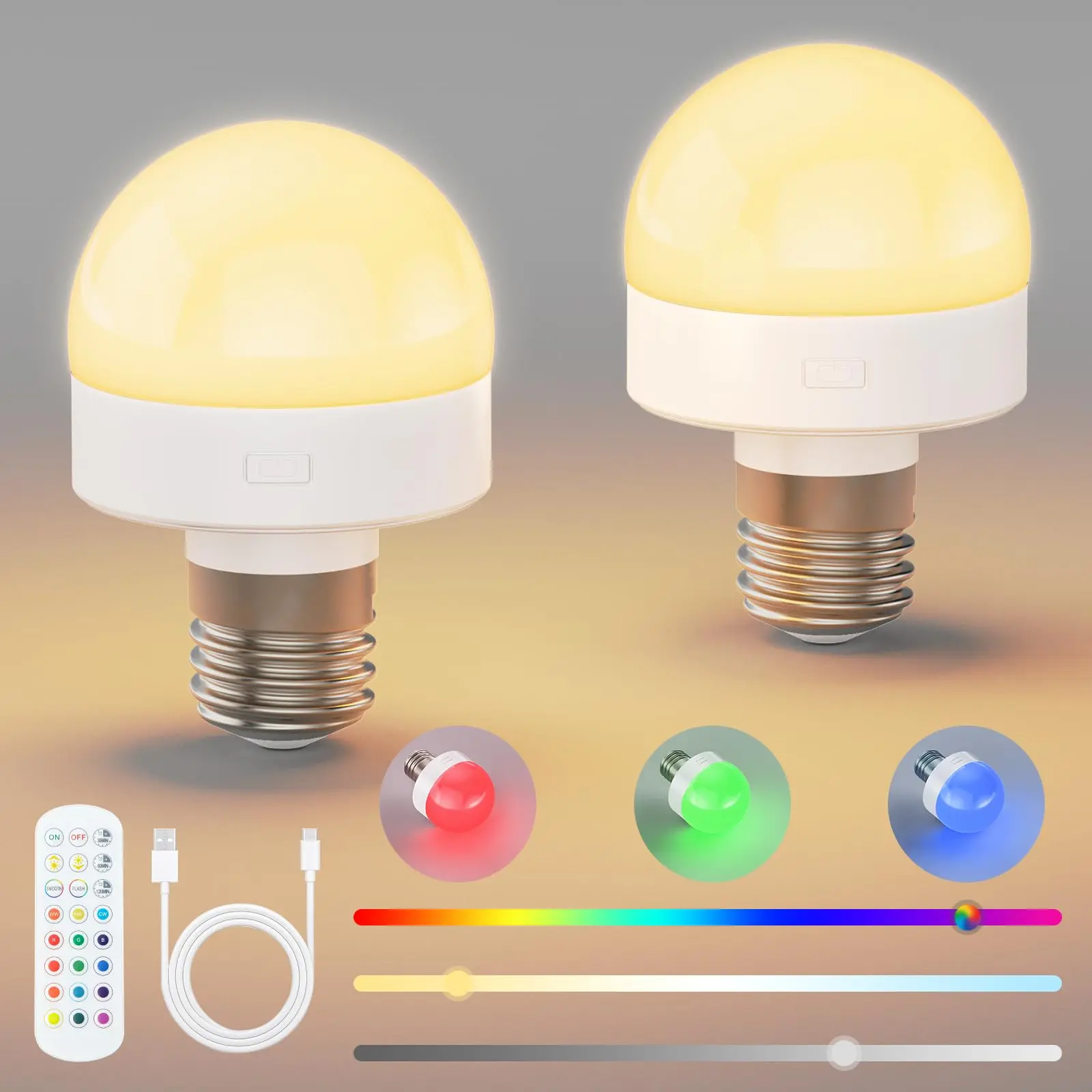 Rechargeable Light Bulbs with Remote - E26 Battery Operated Light Bulb for Non-Hardwired Wall Sconces, Pendant Lights ect (2 Pack)