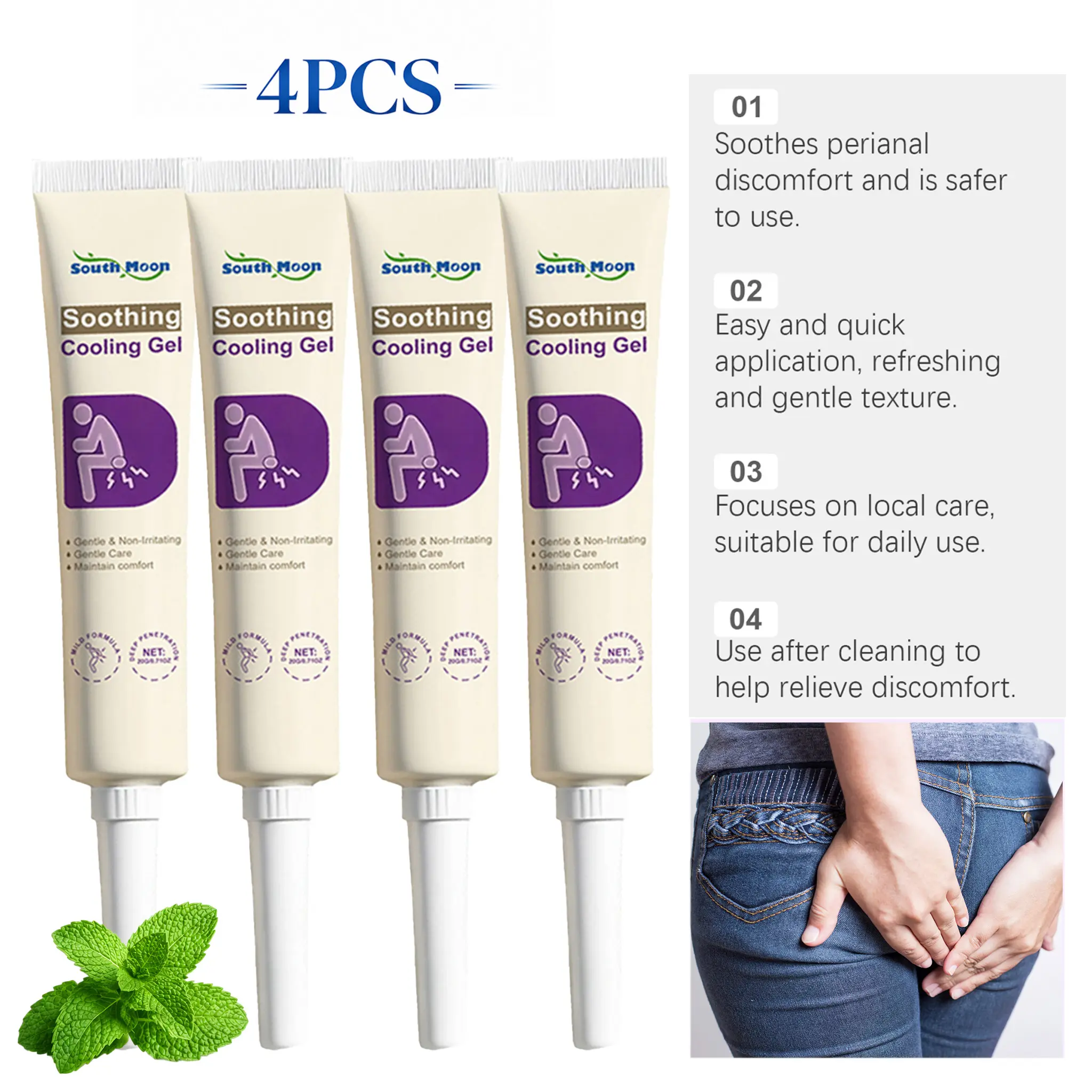 4 Pack Perianal Cooling Gel for Hemorrhoid Treatment, Soothing Healing Therapy Ointment with Mint & Aloe Vera for Fast Itch and Pain Relief for Personal Healthcare, Leaf herbal massage crema, 30G, Local Care, Plant-Based