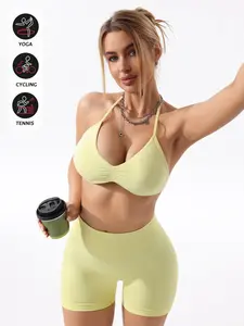 New Women's Seamless Knitted Sport Set, Halter Sports Bra, Three-Section High Waist Shorts, Open Back Design, Ideal for Yoga and Gym