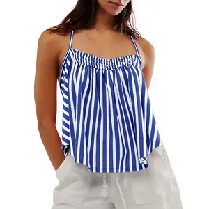 Tankaneo Womens Striped Halter Camisole Tank Tops Vacation Open Back Crop Tops Flowy Pleated Y2k Tshirts