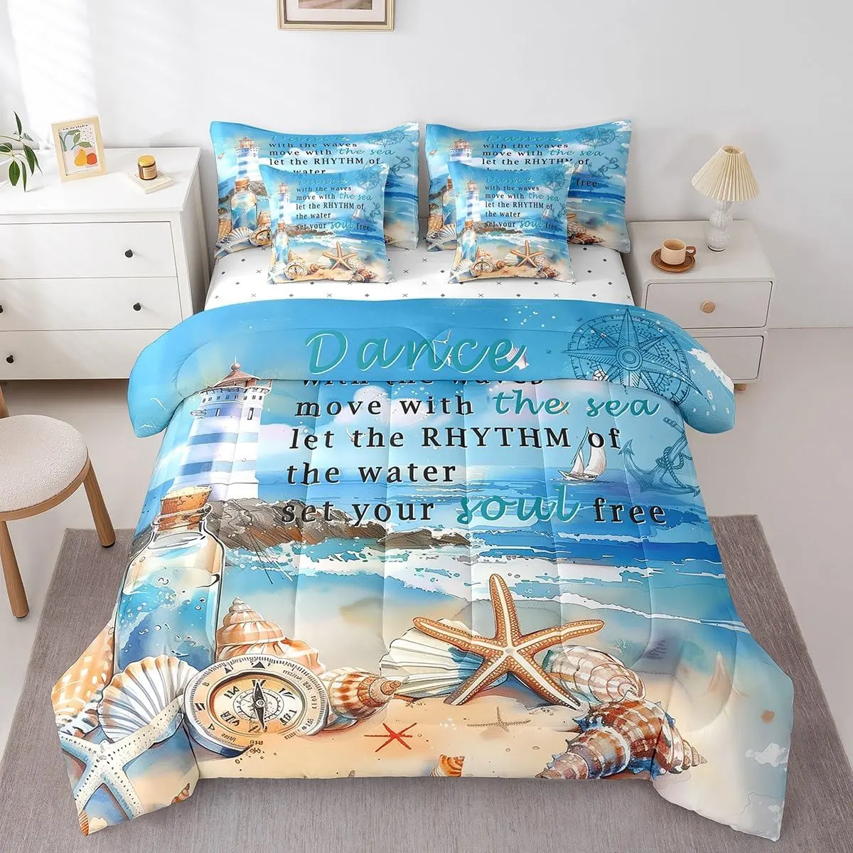 Christian Bible Verses 7 Piece Comforter & Sheet Sets,Ocean Beach Bedding Set Lighthouse Starfish Bed in a Bag Watercolor Blue Flat & Fitted Sheets,4 Pillow Covers