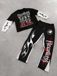 Two-Piece Colorblock Long Sleeve Tee & Bell Bottom Pants Set, Skull Print Gothic Fashion, Casual Youth Y2K Vintage Style