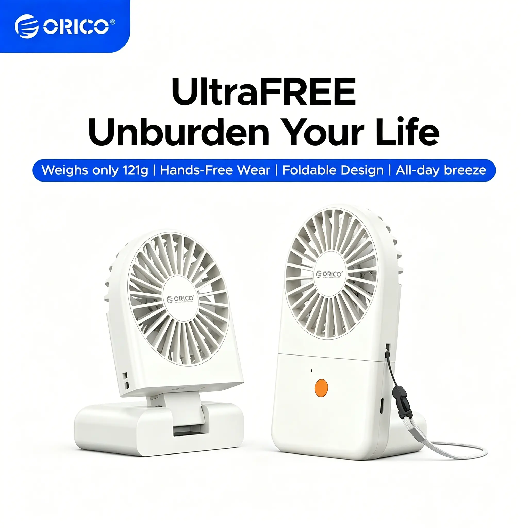 ORICO Portable Neck Fan, Ultra-Lightweight Hands-Free Fan with Battery Operated, 3 Speeds, 7H Runtime, Foldable Desk Fan for Travel, Office, Commute -fFAN