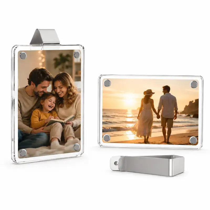 2-Pack Magnetic Clear Acrylic Car Photo Holder, Horizontal-Vertical Car Visor Picture Clip, Personalized Frame for Couple, Family Photos