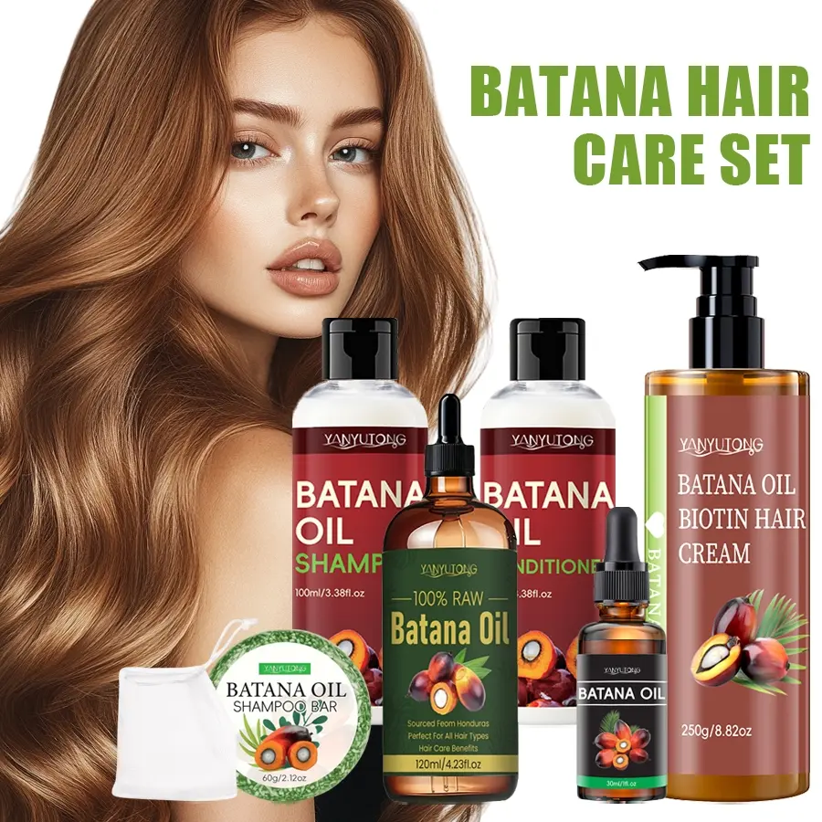 6-piece Batana Aloe hair care, Cleansing, Moisturizing set, suitable for home and outdoor use, including aloe vera shampoo, Hydrating deep conditioner, shampoo soap, hair mask, 120ml essential oil, and a foaming net