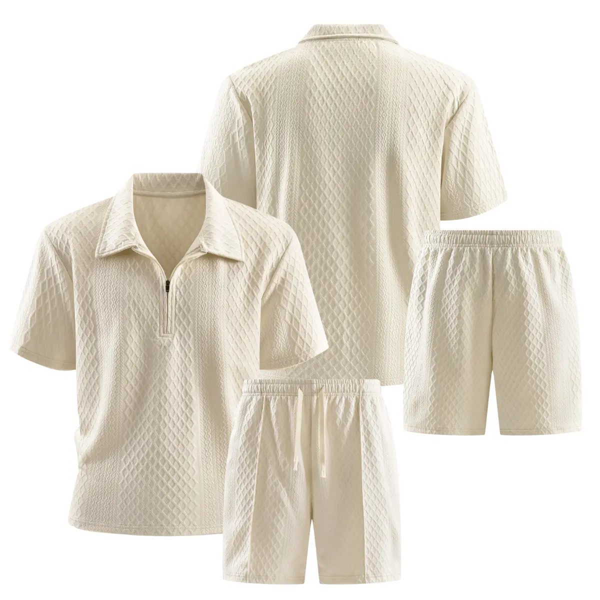Men's Top 2-Piece Matching Fitted Collared Neck Shortsleeve Artisanal Textured Plain Polo Co-ord Set - Elevated Casual Menswear Clothing