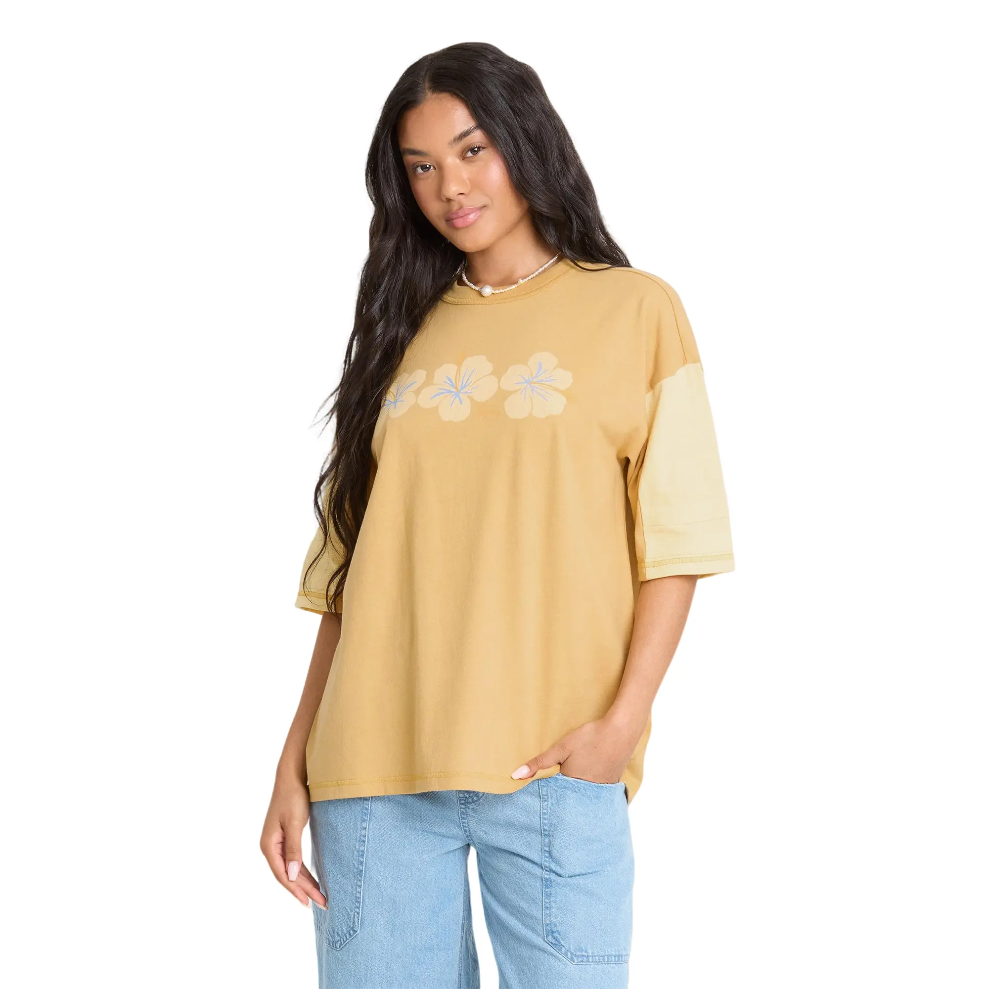 BILLABONG Avante Short Sleeve Cotton Jersey T-Shirt - Curry, Women’s Oversized Cotton Melange Tee, Contrast Sleeve Panels, Screen Print, for Summer Beach & Resort Wear