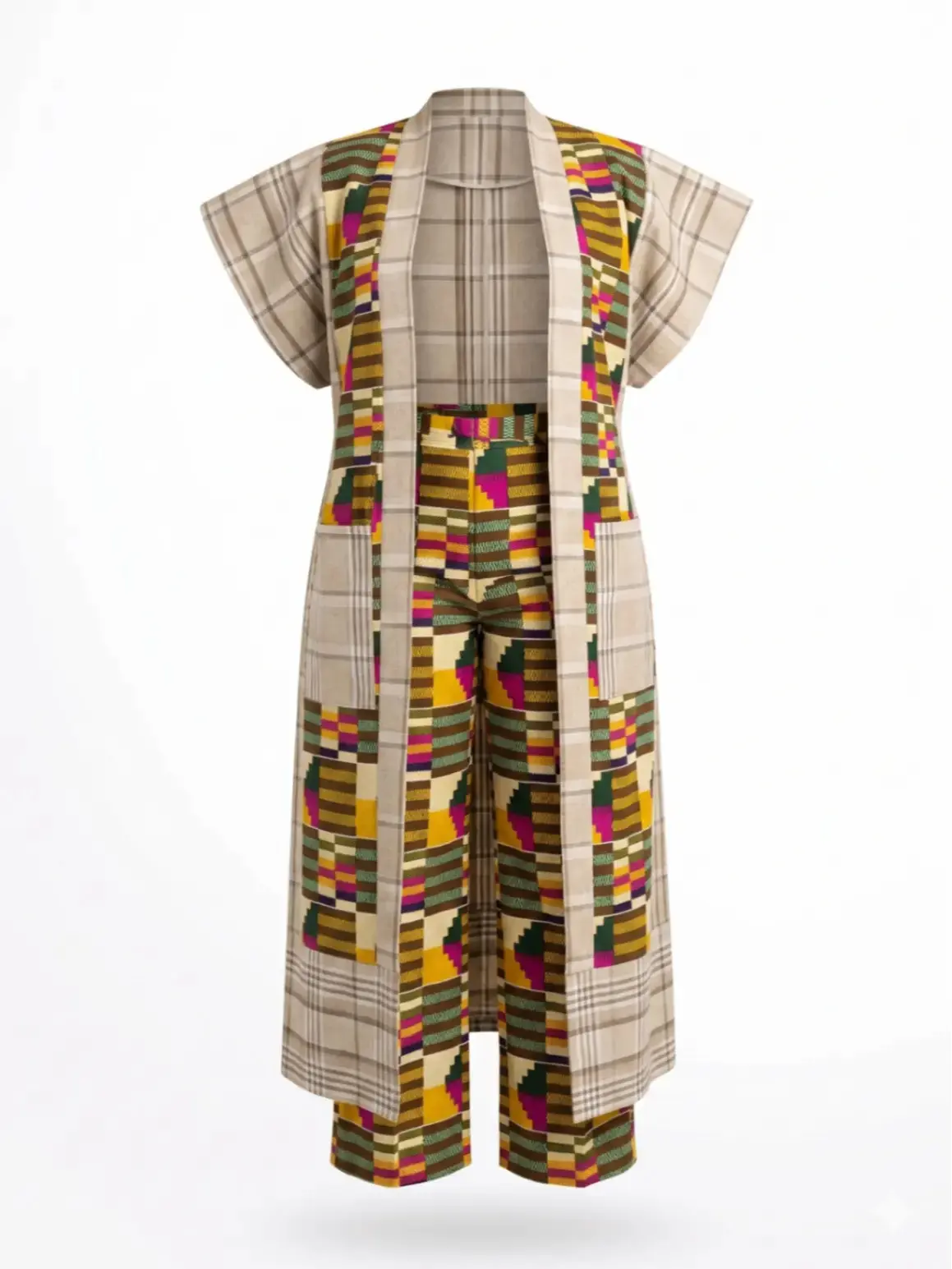 Women's Geometric Kimono Set, 2-Piece Boho Style Outfit with Kente & Neutral Plaid All Over Print, Loose-Fitting Longline Vest & Trousers, Dry Clean Only, Traditional, Clothes