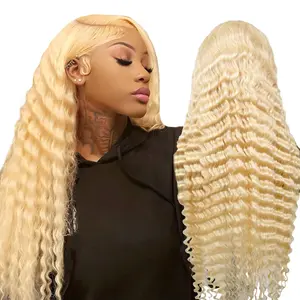 613 Lace Front Wig Human Hair 613 Blonde Deep Wave 13x4 HD Transparent Lace Front Wig with Pre Plucked Blonde Hair 180% Density Gluesless Wig for Women Natural Look Full Voluminous