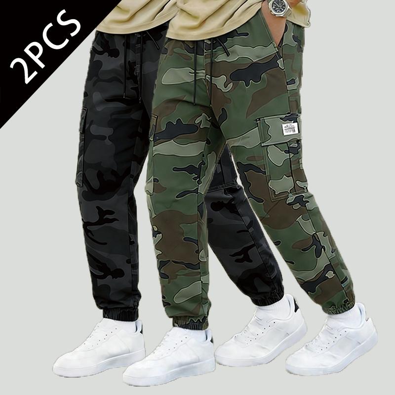 Men's Camouflage Casual Polyester Cargo Pants - Light Thin, Breathable, Loose-Fit, Multi-Pockets, Elastic Drawcord Waist Outdoor Tactical Joggers for Hiking, Work