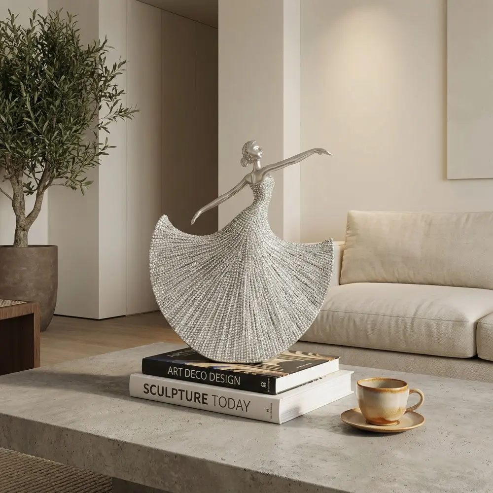 Silver Ballerina Resin Statue, Resin Sculptures, Beaded Textured Dancer Decor, Luxury Art Figurine, Figurines Decor, Modern Home Accent, Tabletop Shelf Ornament, Sculpture Desk Decor, Desktop Ornament, Decorative Piece