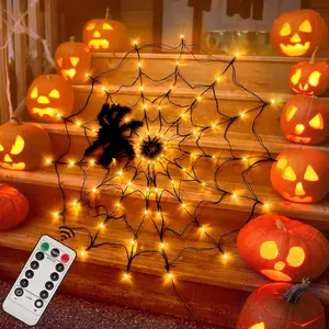 Halloween Spider Web Light Set, 96 LED Lights with 4ft Spider Web & 12in Spider, 8 Modes Outdoor Indoor Decoration, Party Led Lights
