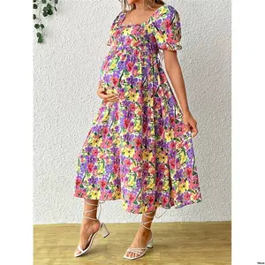 tiktokMaternityFloralPrintedSquareNecklineSundressForSummer