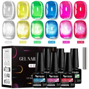 MTSSII 7pcs Translucent Glass Cat Eye Gel Nail Polish Set, Glitter Jelly Glass Bead Magnetic Gel Polish with Magnetic Stick, Shiny Home Salon Nail Art DIY for Women's Fashion Design Manicure