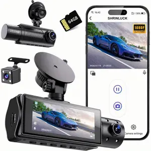 1080p Triple Dash Cam Front and Rear Inside Camera with WiFi & APP Control, 64GB Card Included, Night Vision, Loop Recording, G-Sensor Car Camera for Cars Trucks SUVs IPS Screen