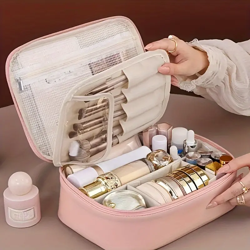 1-piece multi-layer detachable makeup bag, travel cosmetic organizer with brush storage function, portable beauty storage pouch, unisex, holiday gift, Cosmetics Bag, Travel Cosmetic Bags, Luggage Makeup Organizers, Zipper Makeup Bag