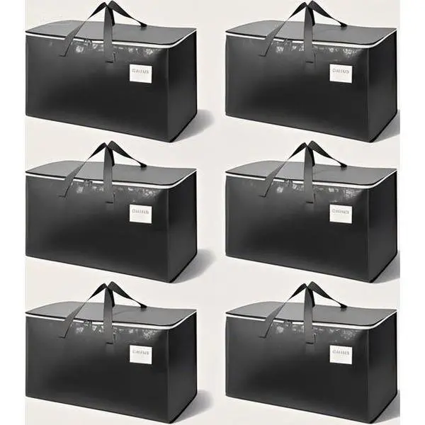 6-Pack Extra-Large Waterproof Storage Containers with Durable Zippers, Reinforced Handles - Heavy-Duty Organiser Boxes for Moving, Space-Saving Shelves Organization (Black)
