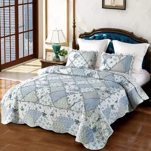 Blue Floral Patchwork Quilt Set Full Queen Size, 3 Piece Bedding Set with 2 Pillowcases, Reversible Quilt Set Queen Size Bedspread Floral Patchwork Queen Comforter Set