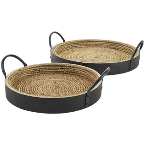 Set of 2 Black Wooden Coiled Oval Living Room Decor Tray with Black Metal Handles
