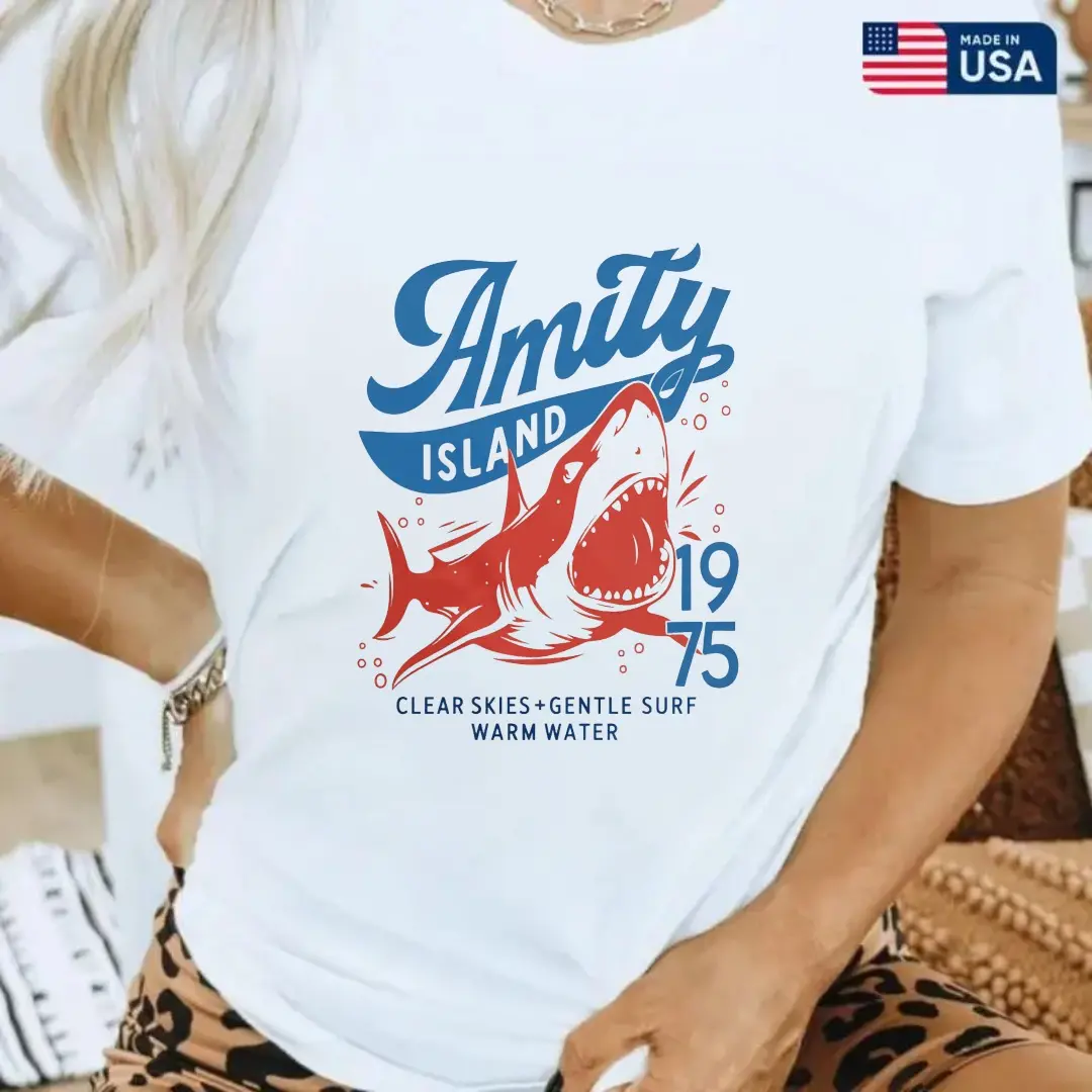 Unisex 100% Cotton Short-Sleeve Casual Tapered Jaws Amity Island 1975 Tee - Breathable Retro Beach Shirt, Movie-Inspired Gift for Film Buffs, Love-Themed S-5XL Men's Top, Shortsleeve, Menswear