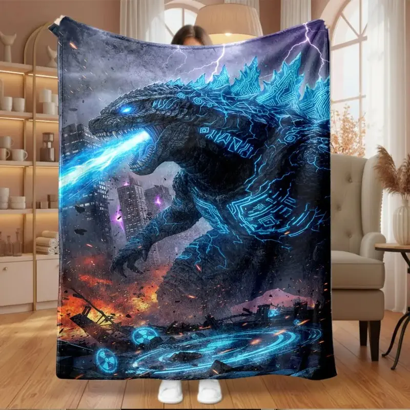 Godzilla Atomic Breath Printed Flannel Fleece Throw Blanket Breathable Warm Soft Fluffy Ultra Cozy Bedding for Bed Camping Ideal Christmas Birthday Gift for Monster Movie Fans