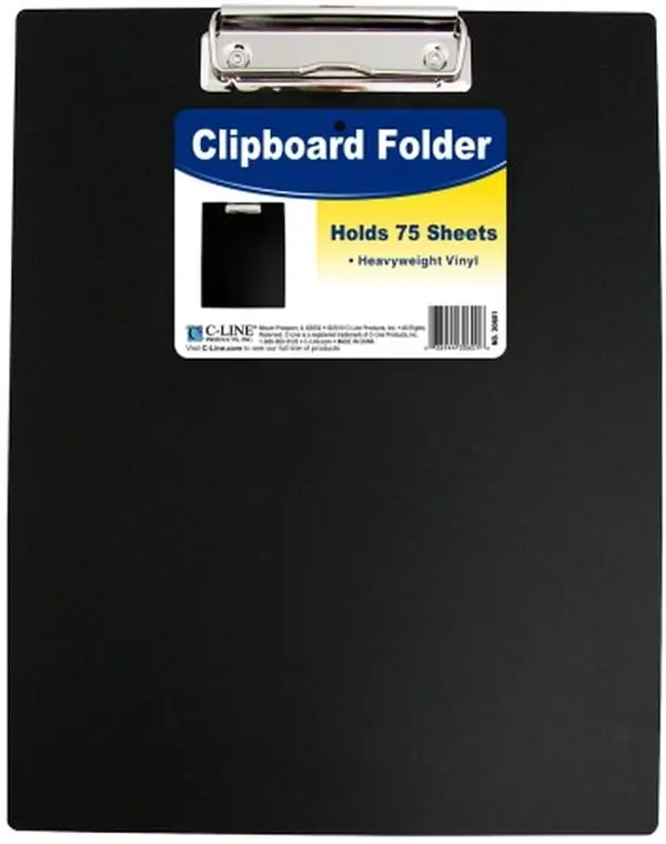 C-Line 30601 Office Vinyl Plastic Black Clipboard Folder, 0.5in Thickness, 12-3/4x9in & 12.5x9x0.5" Sizes, Finger-Thumb Notch, Silver Spring-Loaded Clip, Holds 75 Sheets of Paper