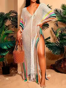 Plus Size Women's Striped Print Fringe Trim Hollow Out Split Thigh Sweater Dress, Plus Batwing Sleeve V Neck Cover Up Long Knitting Dress Swimsuit Cover Up Beach Cover Ups