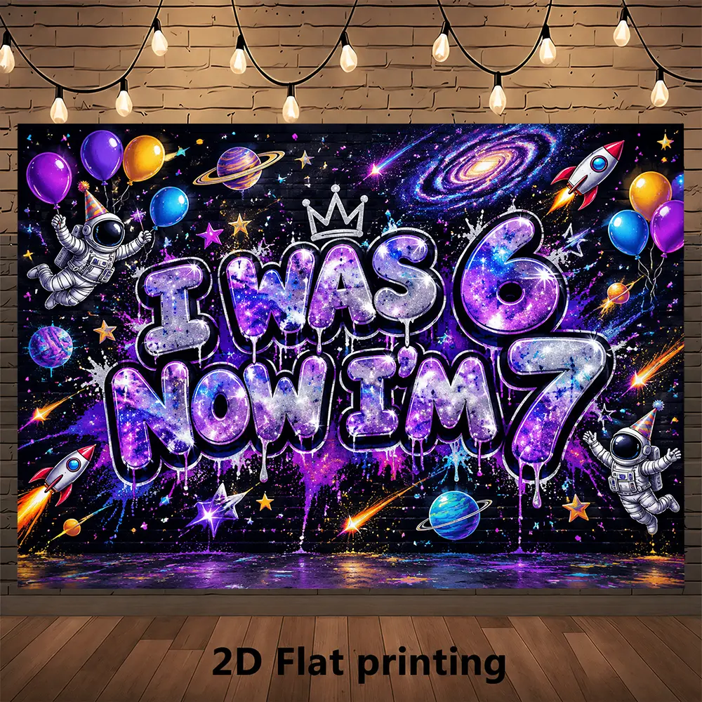 6 to 7 Galaxy Birthday Backdrop, Purple Outer Space Stars Planets Photography Background, I Was 6 Now I’m 7 Party Wall Decoration