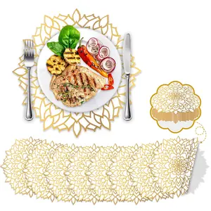 100PCS Disposable Gold Metallic Round Paper PlaceMats Round Floral Charger Table Mat Table Setting Mat Pressed Paper Round Place Mats Christmas Wedding B'day Party Dining Table Decor Supplies