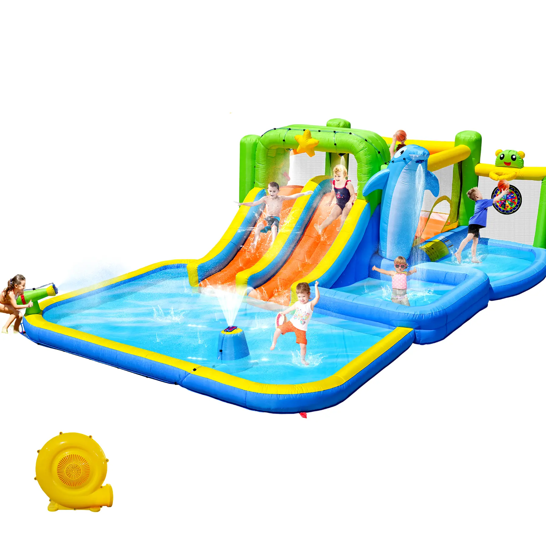 9-in-1 Inflatable Bounce House Water Park with Blower, Soak Pool, Shower Sprinkler, Water Gun & Target Game